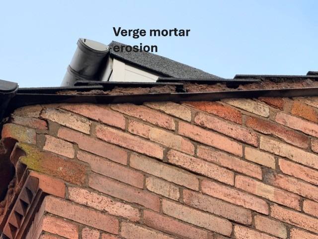 Verge mortar erosion at roof edge